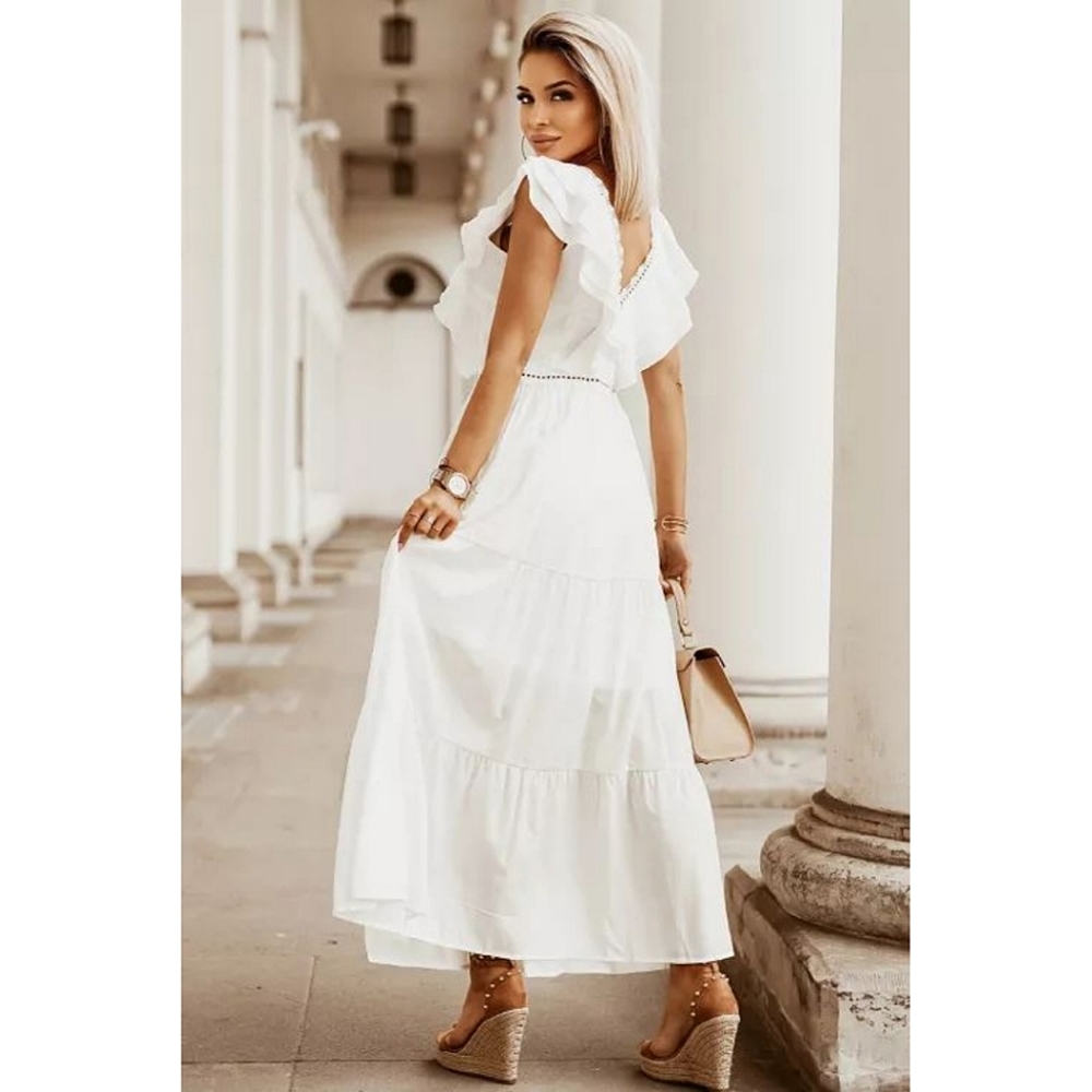 Plus Size White Ruffle V Neck Maxi Dress - Picture 3 of 6